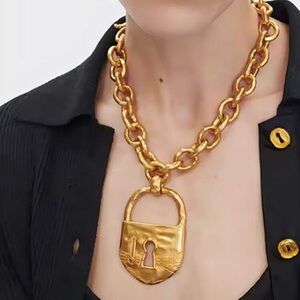 Gold Padlock Statement Chain Necklace - Women Jewelry